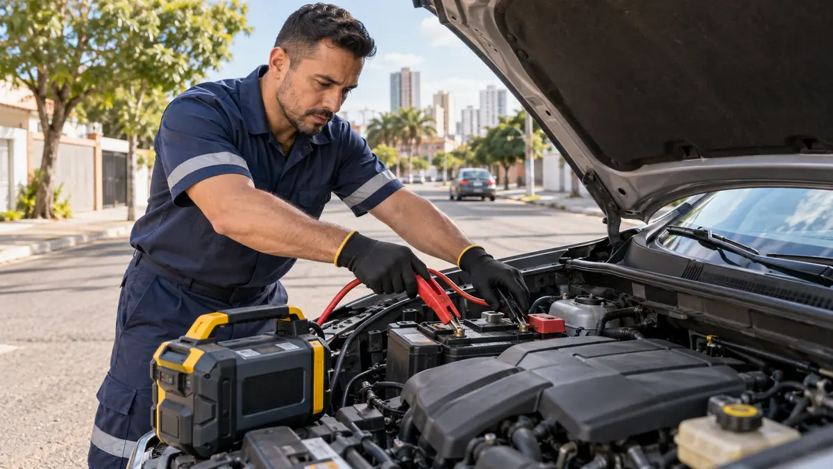 Técnico usando equipamento profissional em carro com bateria automotiva descarregada