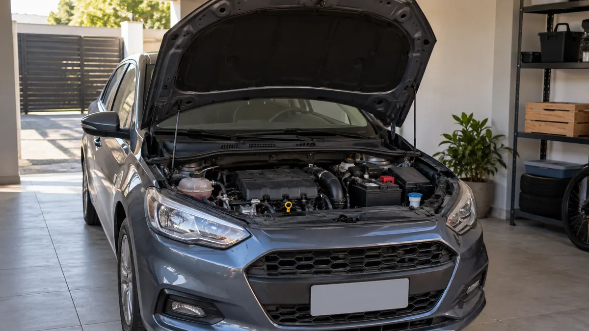 Carro parado na garagem com o capô aberto e bateria automotiva visível
