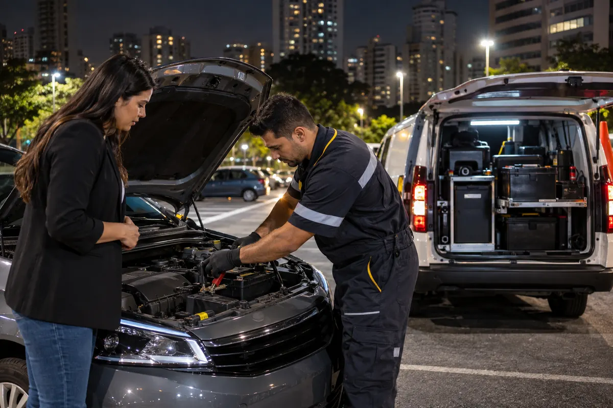 Atendimento de bateria 24 horas durante a noite em Uberlândia