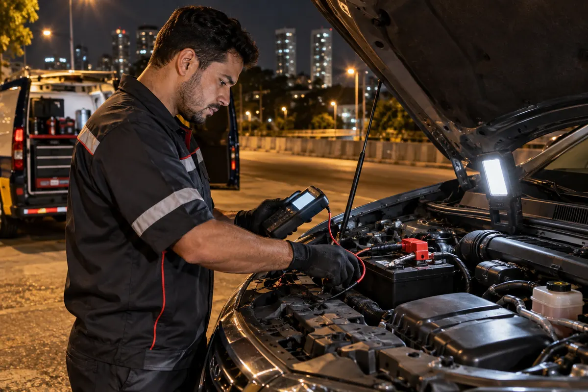 Técnico diagnosticando bateria automotiva em atendimento noturno