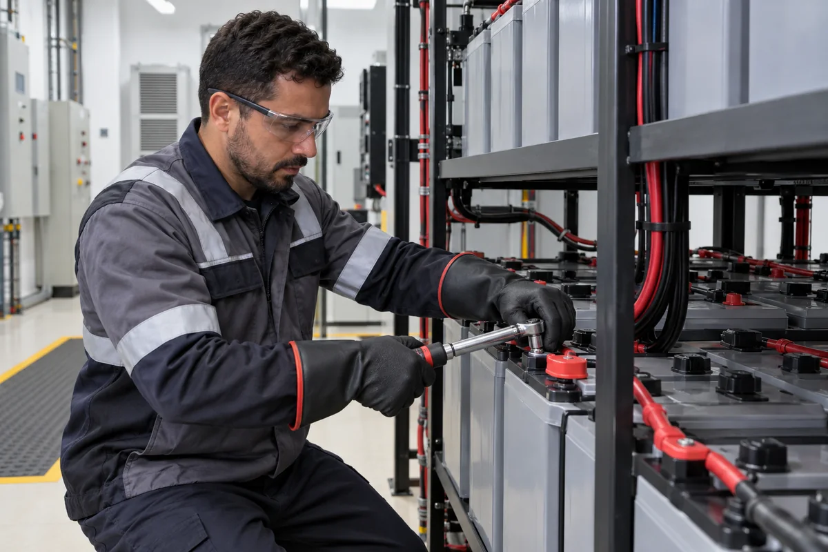 Técnico realizando conexão segura de bateria estacionária