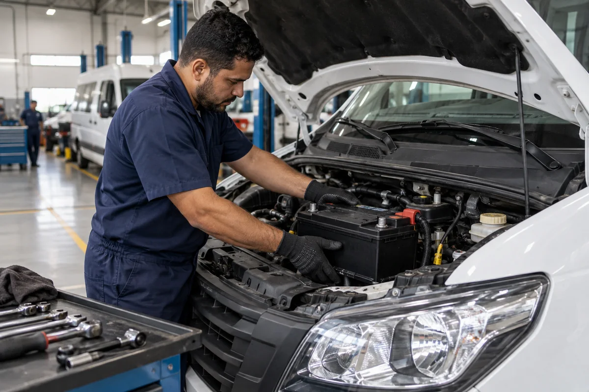 Técnico instalando bateria em van e veículo utilitário em Uberlândia