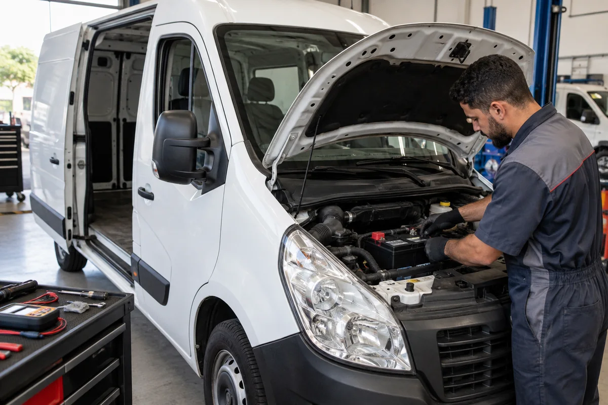 Conferência final da bateria de veículo utilitário em oficina de Uberlândia