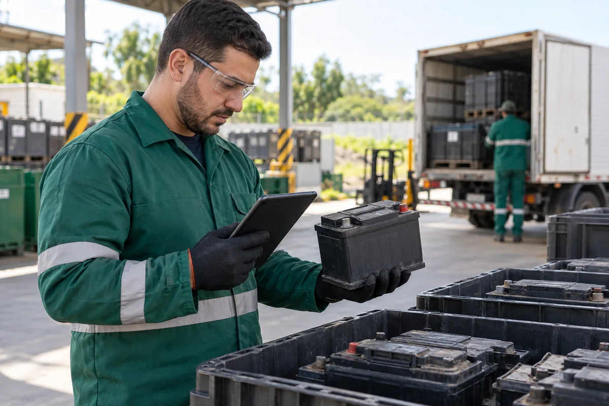 Inspeção de bateria usada antes do encaminhamento para reciclagem
