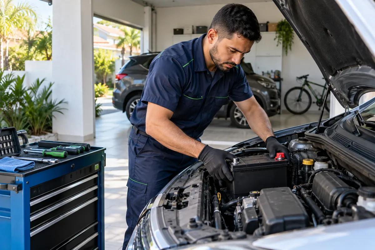 Instalação de bateria automotiva realizada na garagem do cliente