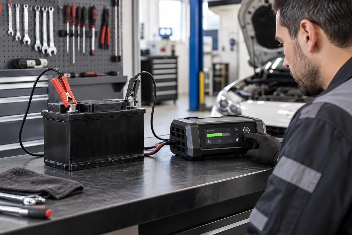 Recarga controlada de bateria automotiva em equipamento profissional