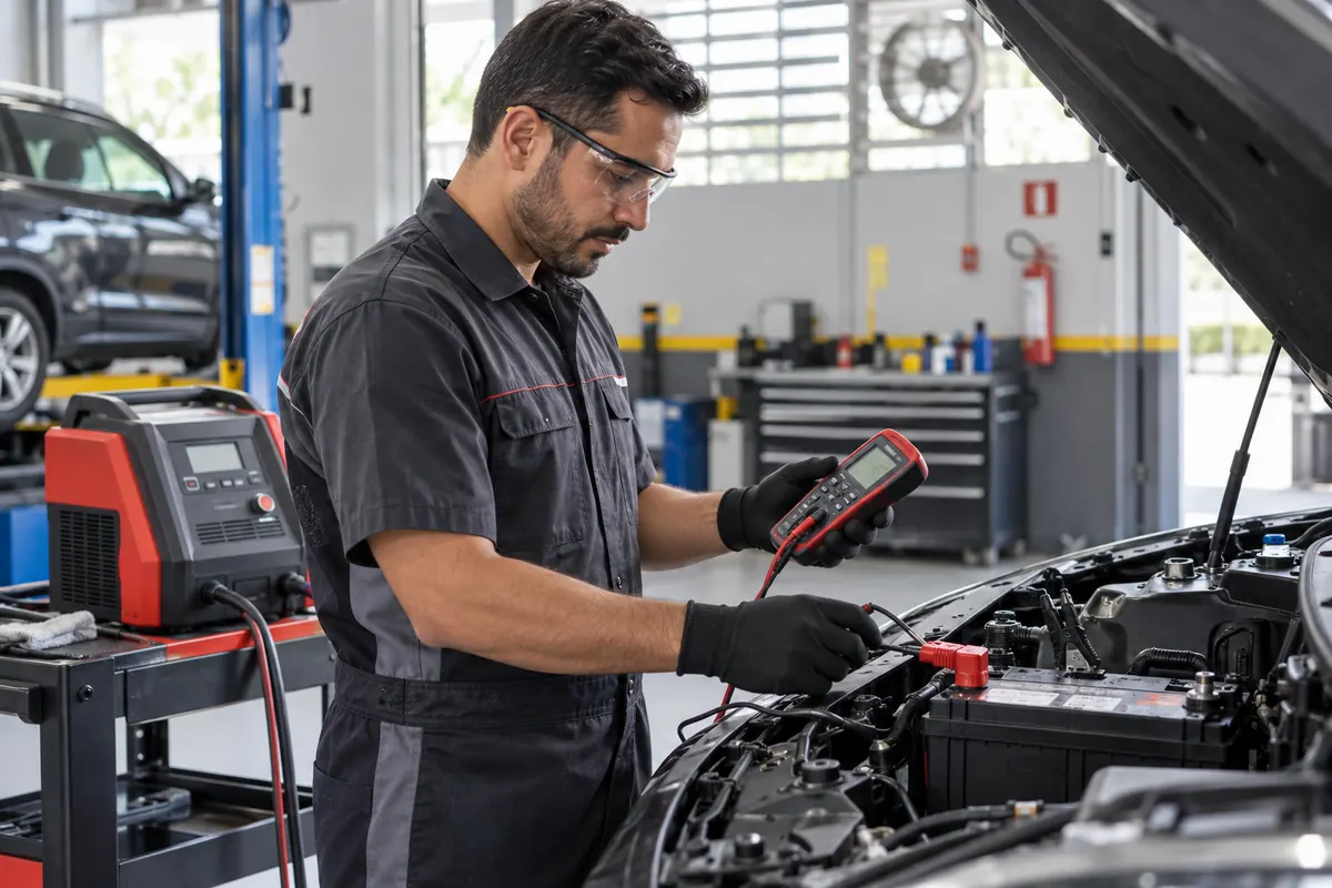 Técnico monitorando a recarga de uma bateria de carro