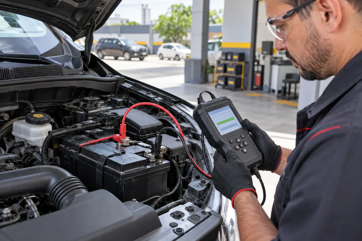 Teste de bateria automotiva com analisador digital em Uberlândia