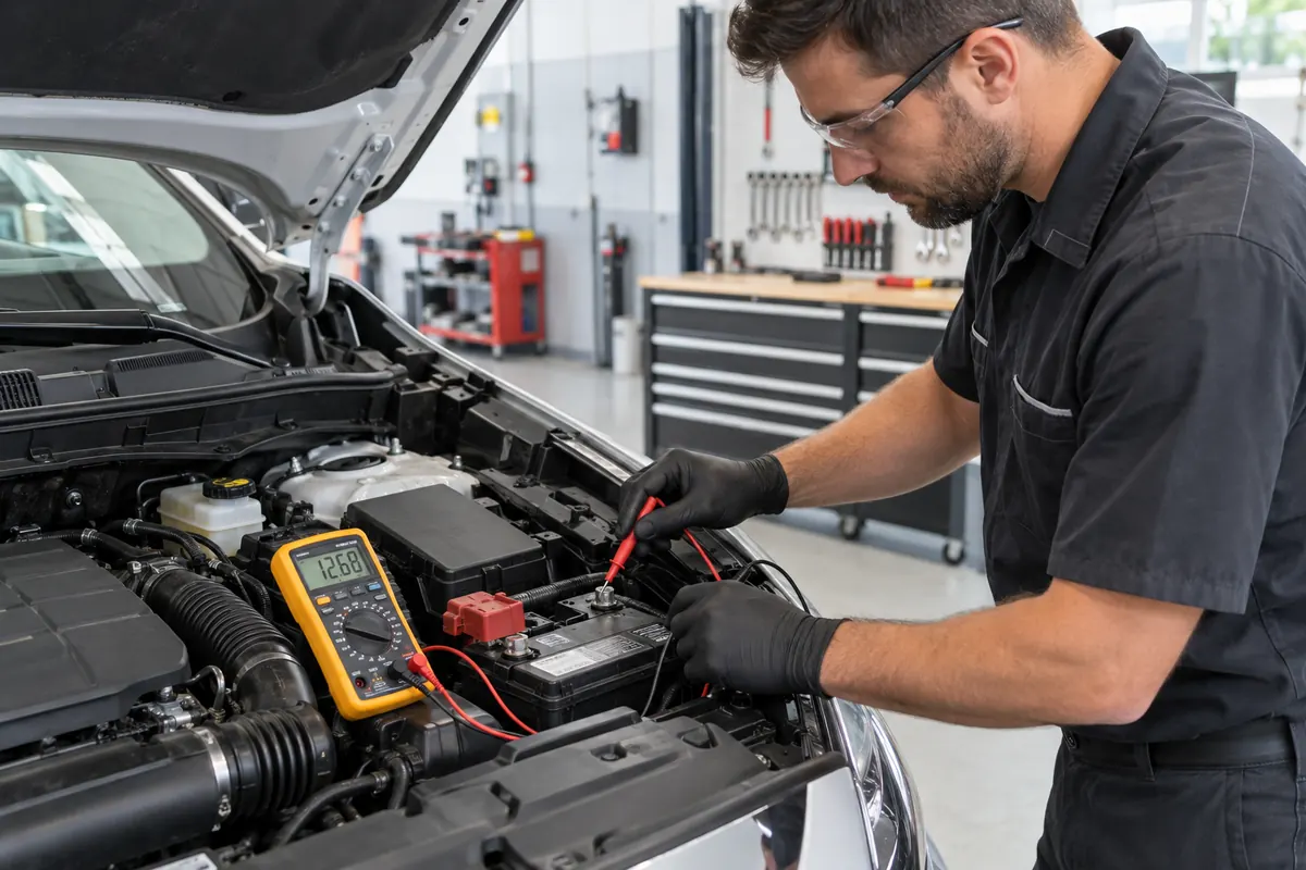 Técnico medindo a tensão da bateria de um carro