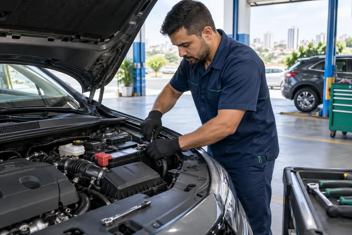 Técnico realizando troca de bateria automotiva com segurança em Uberlândia