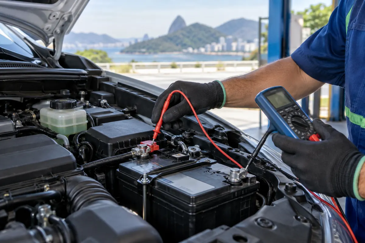 Técnico conferindo a instalação de uma bateria automotiva nova em Uberlândia